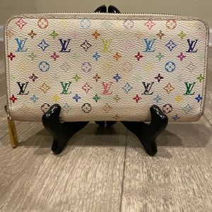 Auth Takashi Murakami x Louis Vuitton White Monogram Multicolor Zippy Wallet